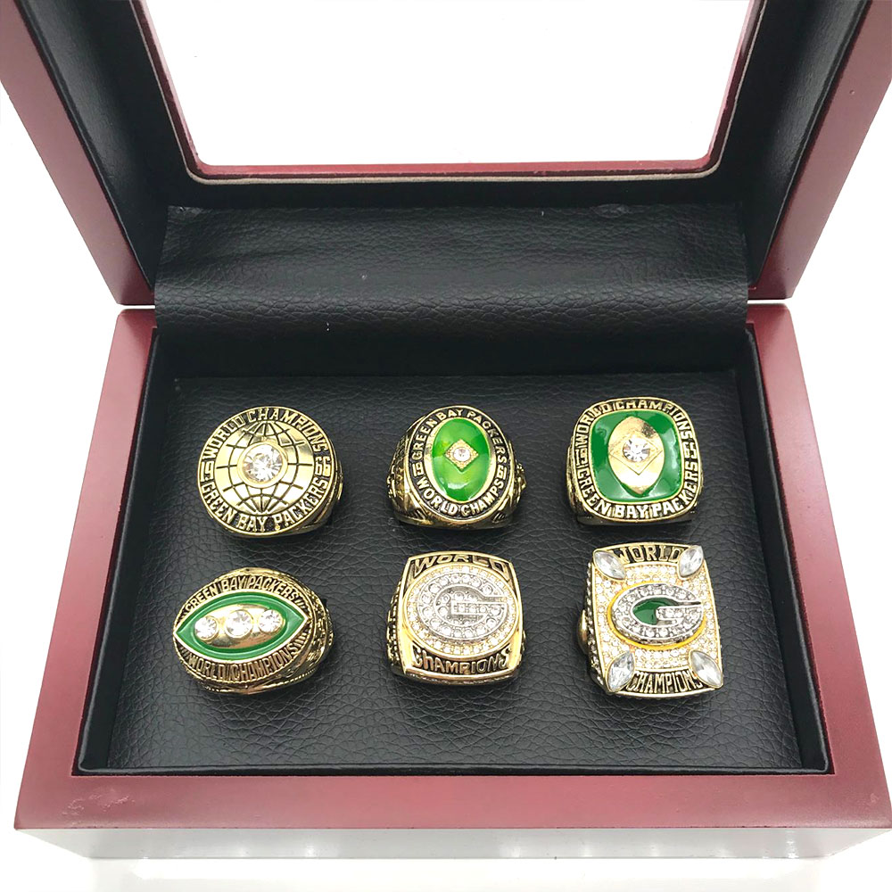 6PCS/Set Championship Ring Set Replica 1961 1965 1966 1967 1996 2010 Green  Bay Packer Super Bowl Collection Champion Ring With Wooden Box